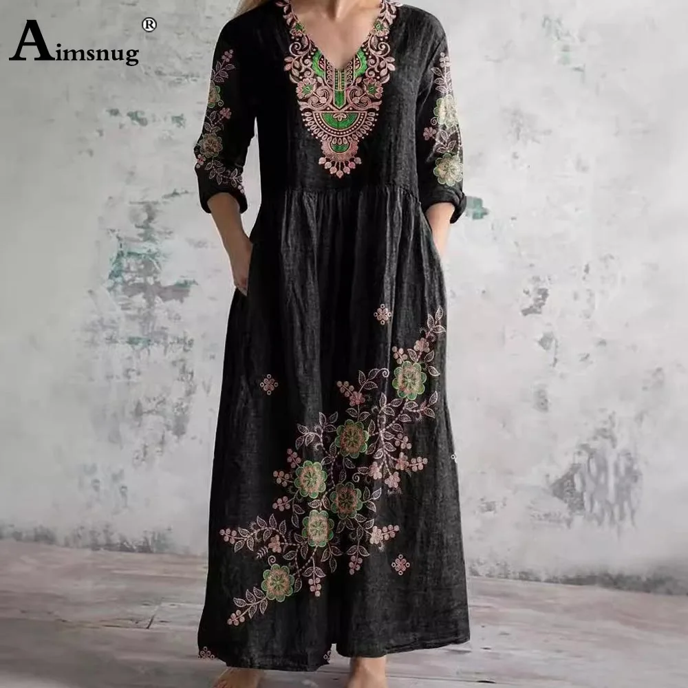 Aimsnug Plus Size Damen Casual Boho Blumendruck Langes Kleid 2025, europäische lange Ärmel, Maxikleider, sexy Damenkleid mit V-Ausschnitt, Neu