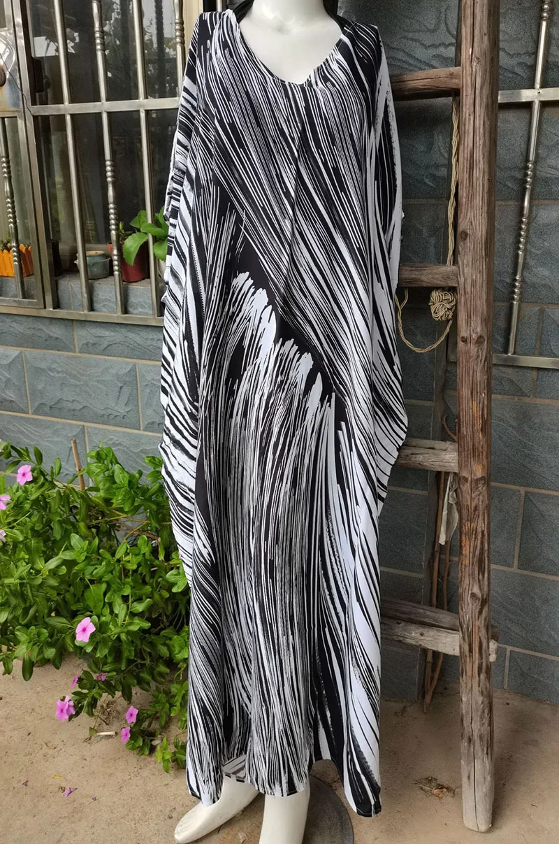 قفطان طويل نصف كم بطباعة بوهيمية للنساء ، فستان شاطئ ماكسي غير رسمي ، غطاء بيكيني صيفي ، غطاء بدلة سباحة