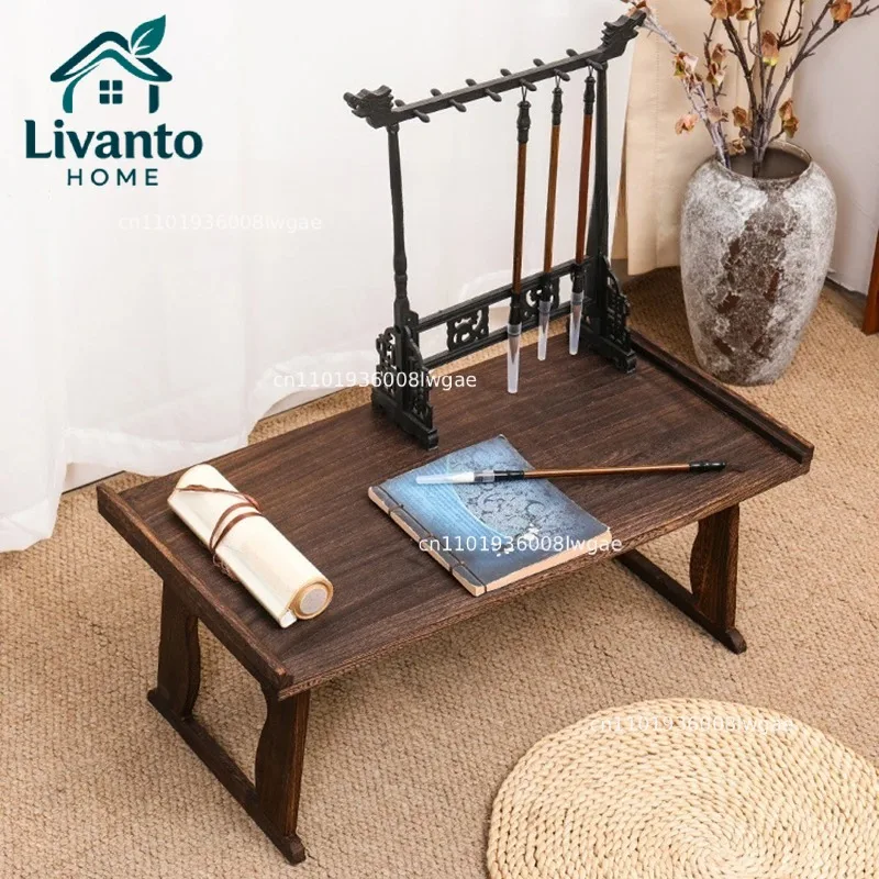 

Collapsible Japanese-Style Low Table, Traditional Style Brown Finish, Bay Window Low Sitting On the Floor Table Tray