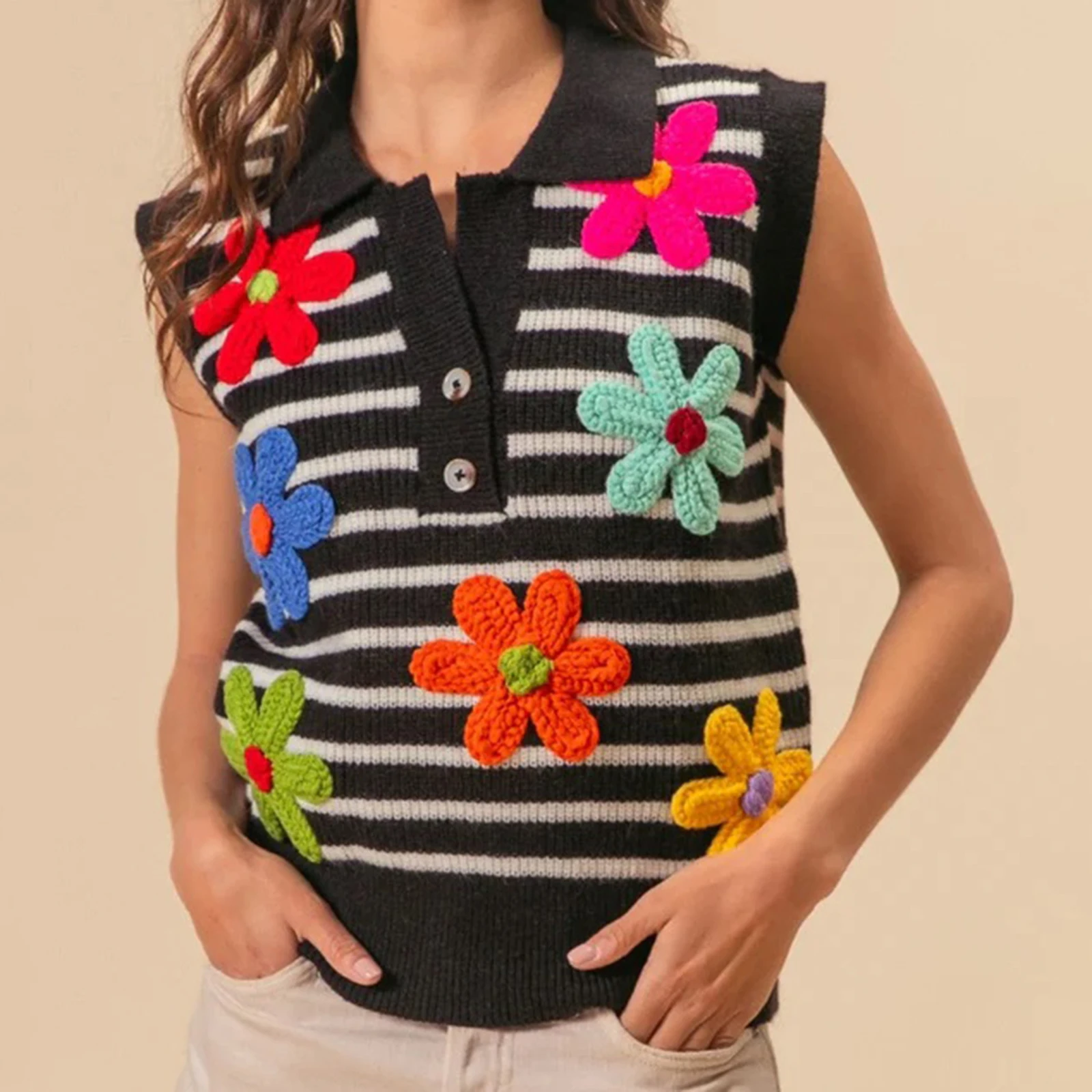 سترة نسائية مخططة مطرزة بالزهور سترة نصف زر بياقة بدون أكمام ملابس صيفية متماسكة