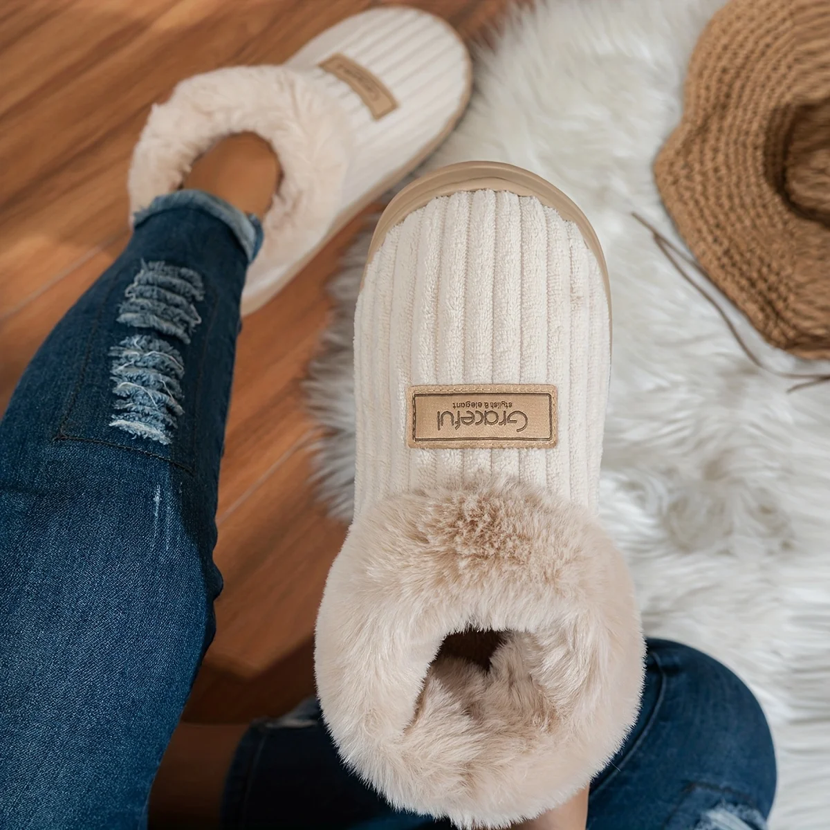 Winter Warm Non-Slip Slippers, Thick-Soled Indoor/Outdoor House Shoes with Soft Cushion & Cozy Heel, Hand Washable (White/Grey)