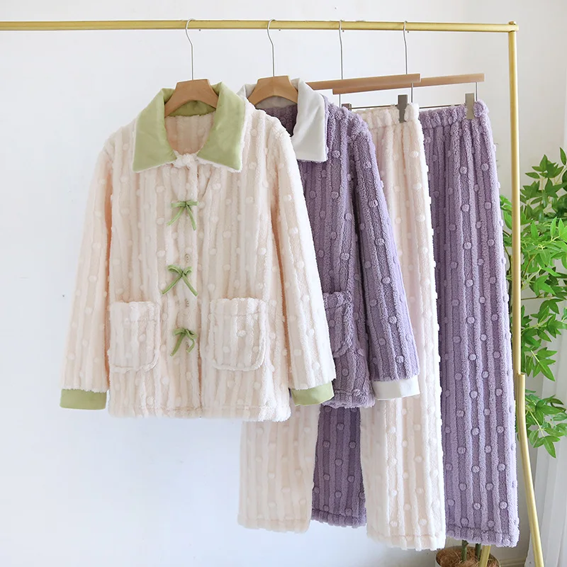 Coral Fleece 2PCS Pajamas Women Flannel Thick Sleepwear Loose Casual Winter Solid Color Chinese Style Nightwear Loose Loungewear