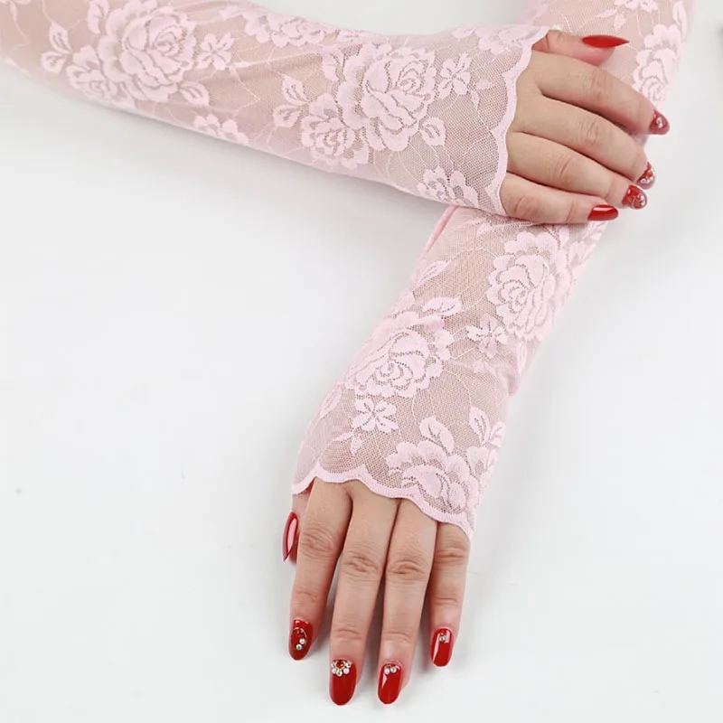 1Pair Summer Thin Fingerless Gloves Black and White Elegant Arm Sleeves Mesh Lace Elastic Driving Cycling Gloves Finger Mittens