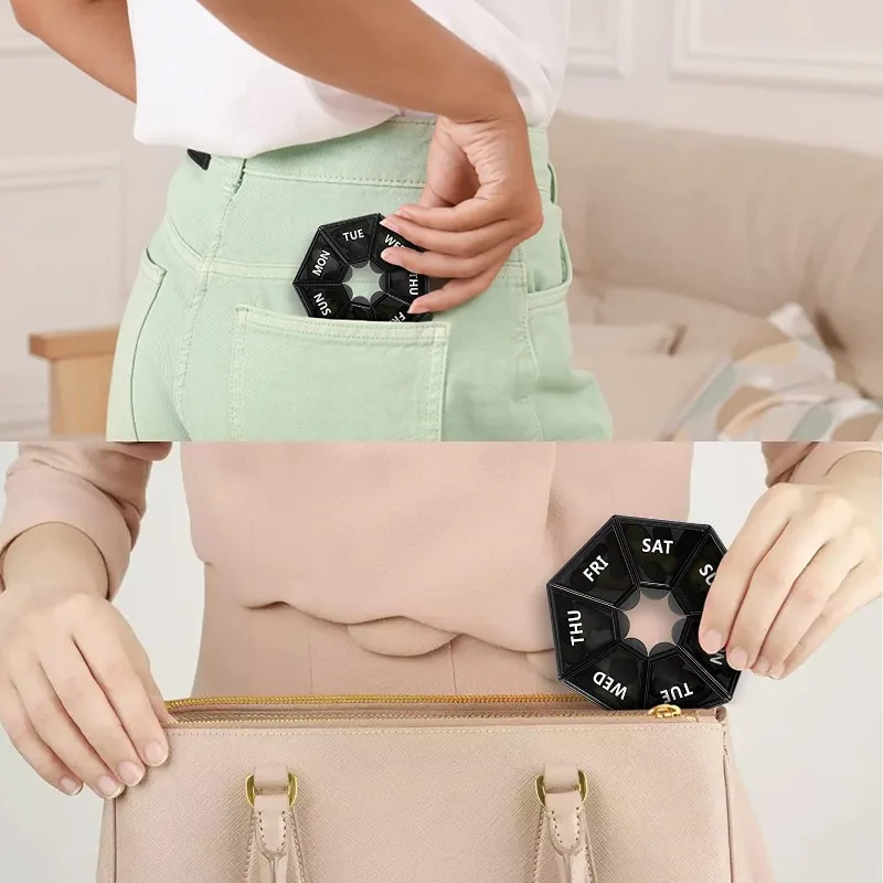 7-Fächer-Wochenpillendose, tragbarer Tabletten-Organizer für Reisen, Kunststoff-Medikamentenbehälter für 7 Tage, für Vitamine, Fischöl, Bonbons – Detail 6