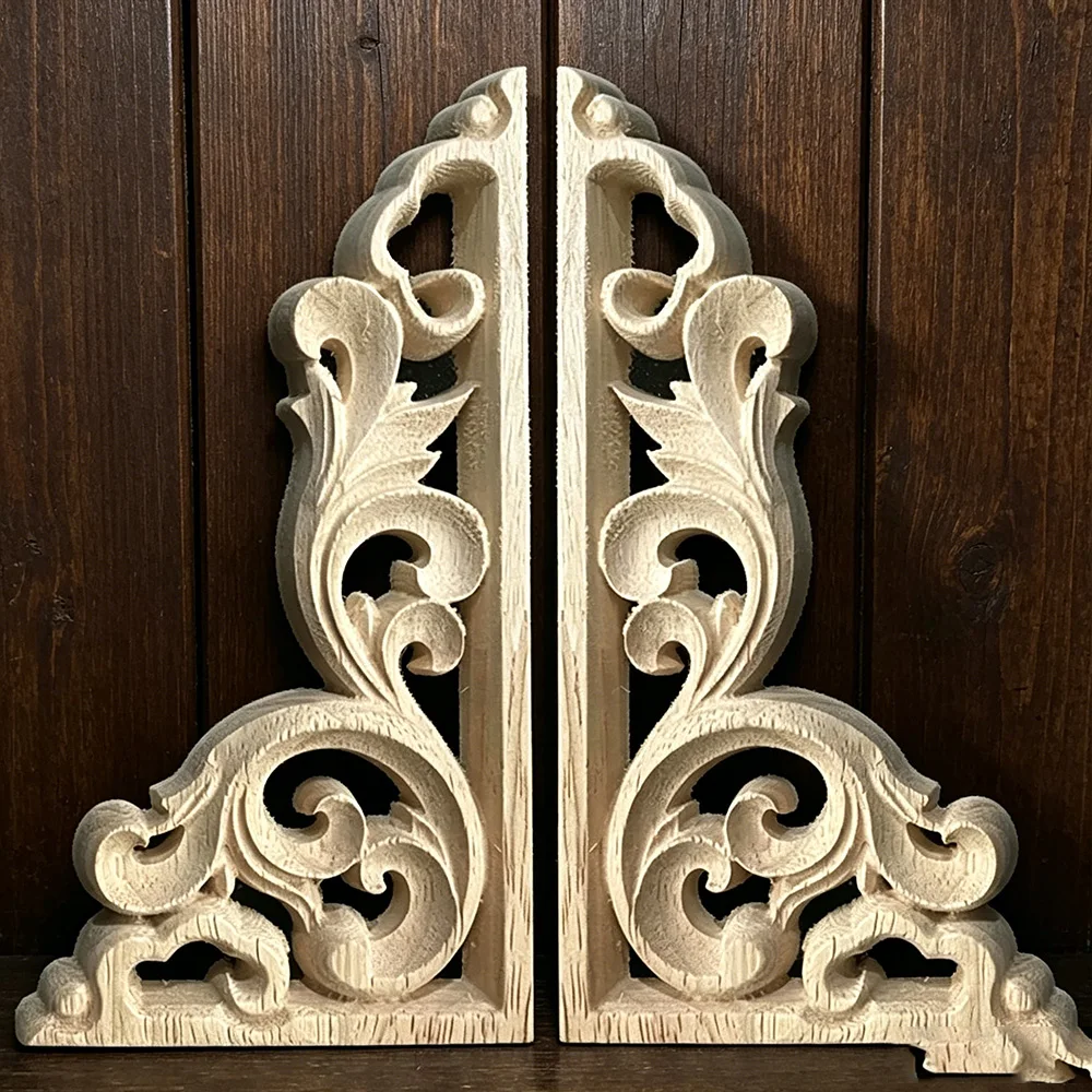 

4PCS Solid Wood Applique Carved Mouldings Woodcarving Furniture Vintage Home Horn Flower NEW Carving Decoration Accessories