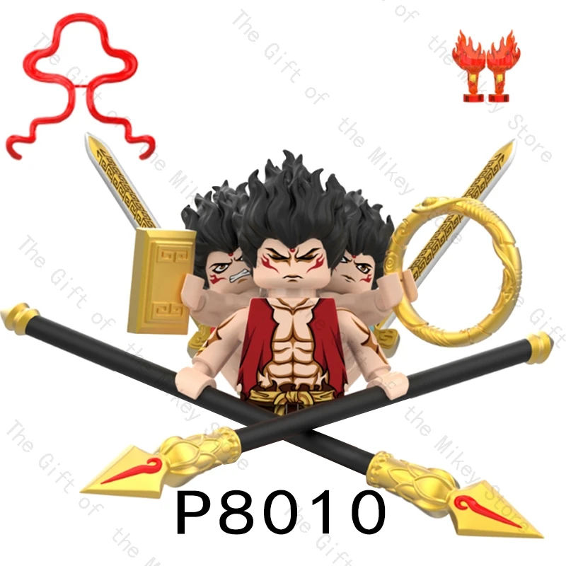 

P8009-P8010 Nezha Боевые китайские мифологические фигурки Три головы и шесть рук MOC Мифы легенды Древняя модель Кирпичи Игрушка-головоломка