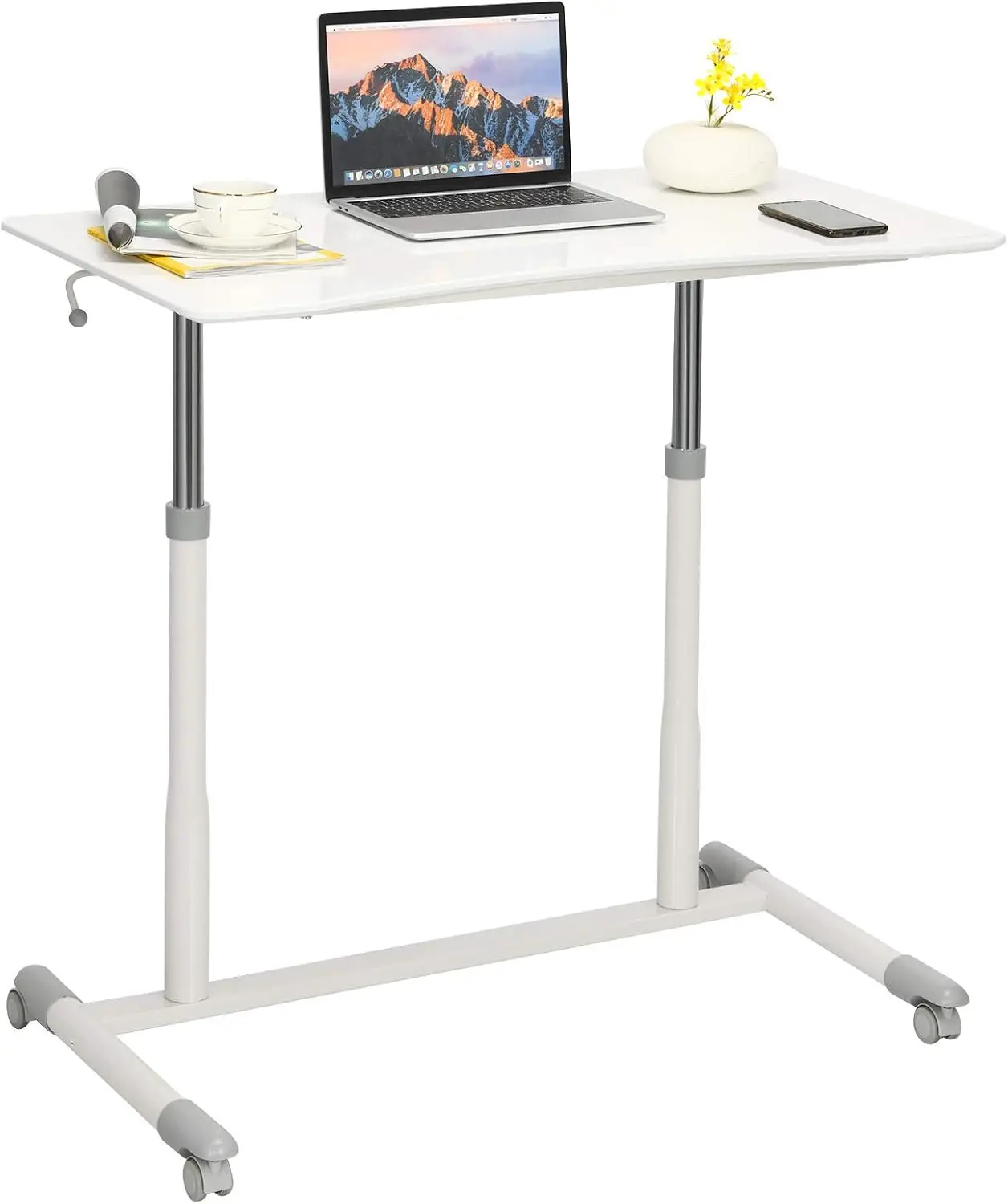 Mobile Computer Desk with Steel Frame, Small Height Adjustable Rolling Compact Stand Up Desk on Wheels, MDF PVC Tabletop, Ideal