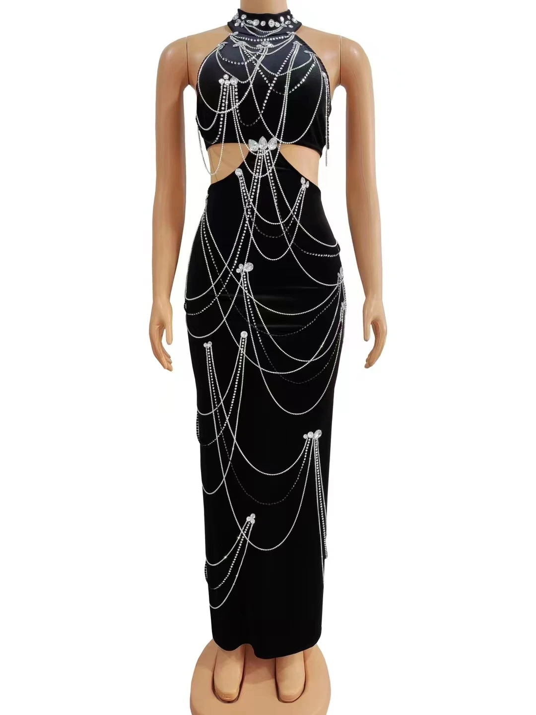 

Sparkly Diamonds Tassels Chain Balck Color SexHalter Backless Midi-Length Dress Evening PartyCelebrate Performance Costume A461