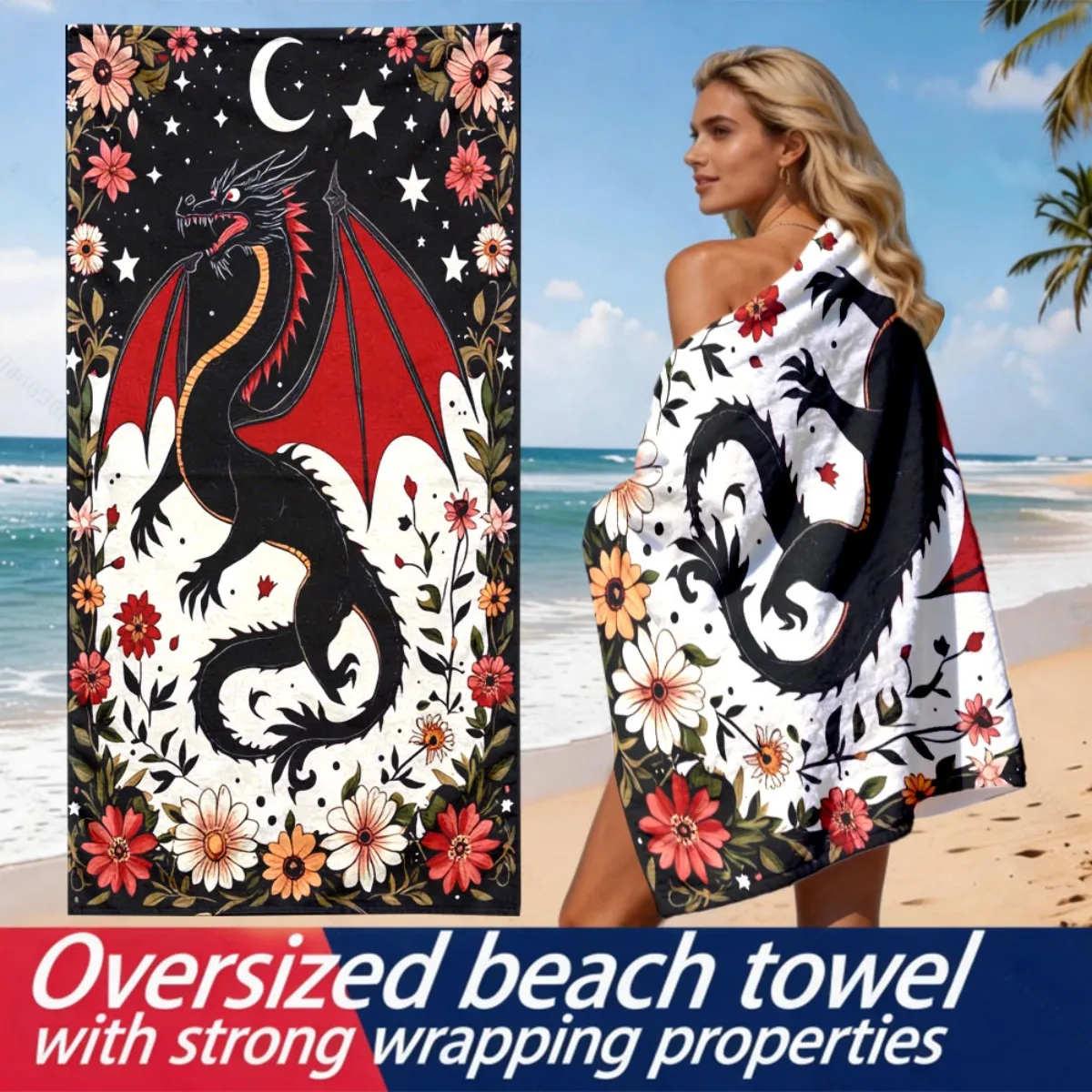 

Dark Fairy Tale Dragon Background polyester microfiber beach towel is highly absorbent, suitable for swimming and beach outings