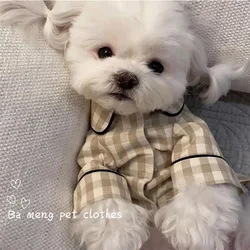 Plaid Khaki Chihuahua Dog Shirt Home Leisure Fashion Soft Cat Overalls Sleep Wear Spring Half Sleeve Pet Clothes for Small Dogs