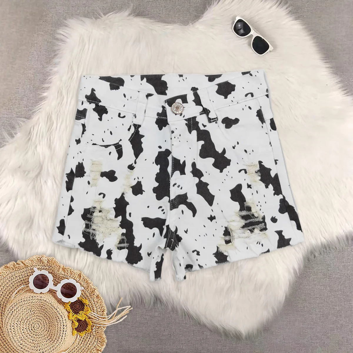 

8.22 Джинсовые брюки для маленьких девочек Черно-белые джинсовые шорты с потертостями для маленьких девочек