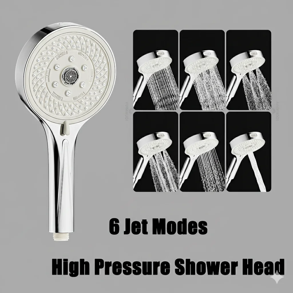 Upgrade Handheld Shower Head with 13CM Large Panel Adjustable 6 Spray Modes High Pressure Shower Head Bathroom Accessories