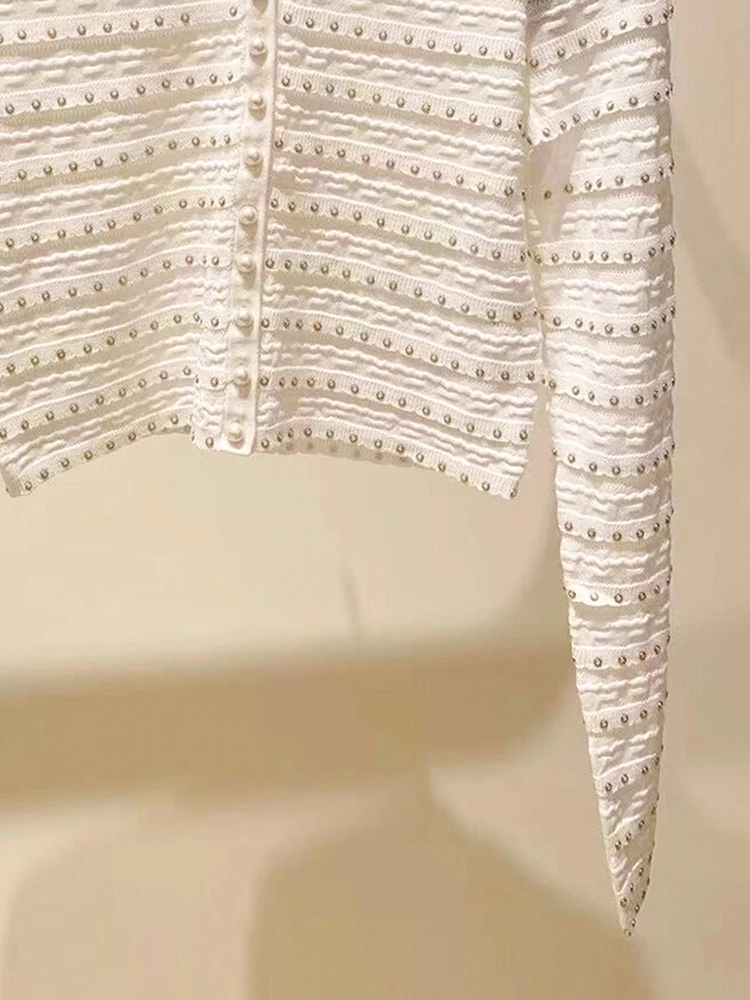 سترة نسائية محبوكة من S Home South Oil الراقية مع زخرفة لؤلؤية مخططة صغيرة Fraance Sle الخريف Faion #4