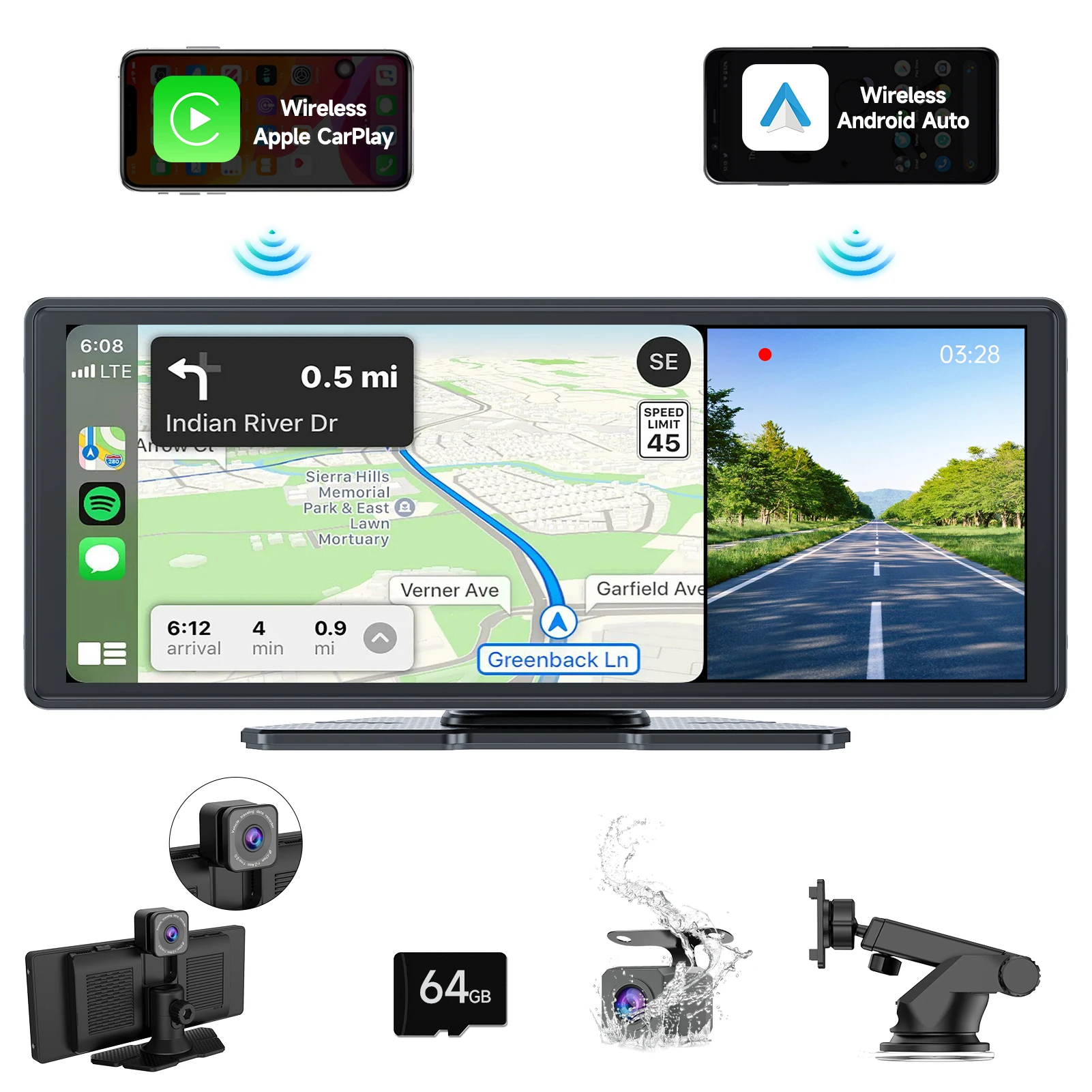 

Spedal CL860L-2K Dash Cam 9.3" HD IPS Portable Screen Wireless CarPlay ＆ Android Auto with 1080P Backup Camera