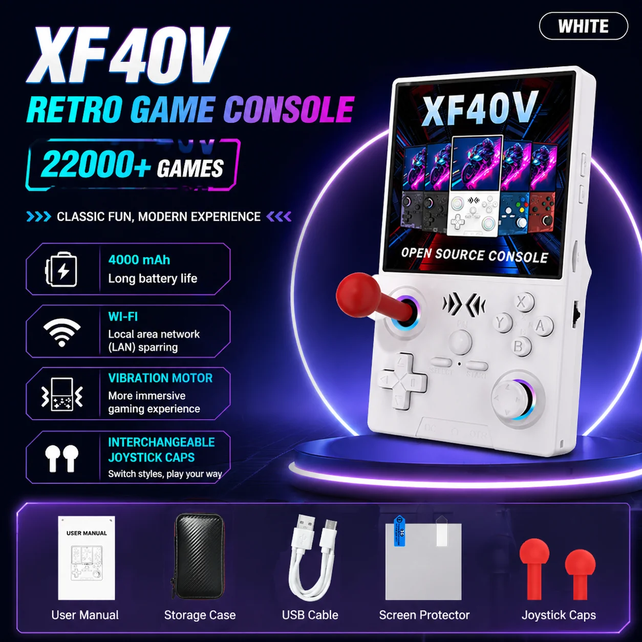 

XF40V Retro Handheld Game Console 4.0 Inch IPS HD Screen Gaming Linux System 30＋Emulator Built-in Handheld Gaming Players