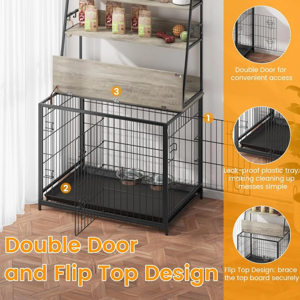 Wooden Dog Crate with Storage, Adjustable Feeding Station, Customizable Layout, Multi-Purpose Design, Ideal for Home Organizatio