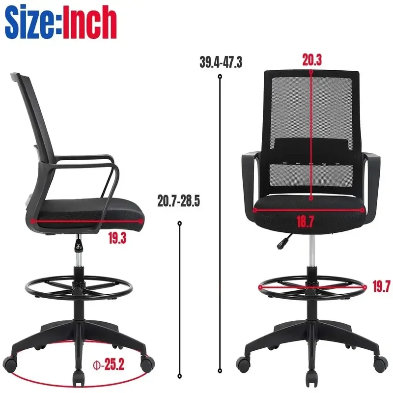 

Adjustable Ergonomic Mesh Drafting Chair, Mid-Back Stool with Foot Ring, 360° Swivel, Casters, Easy Assembly, Modern Design