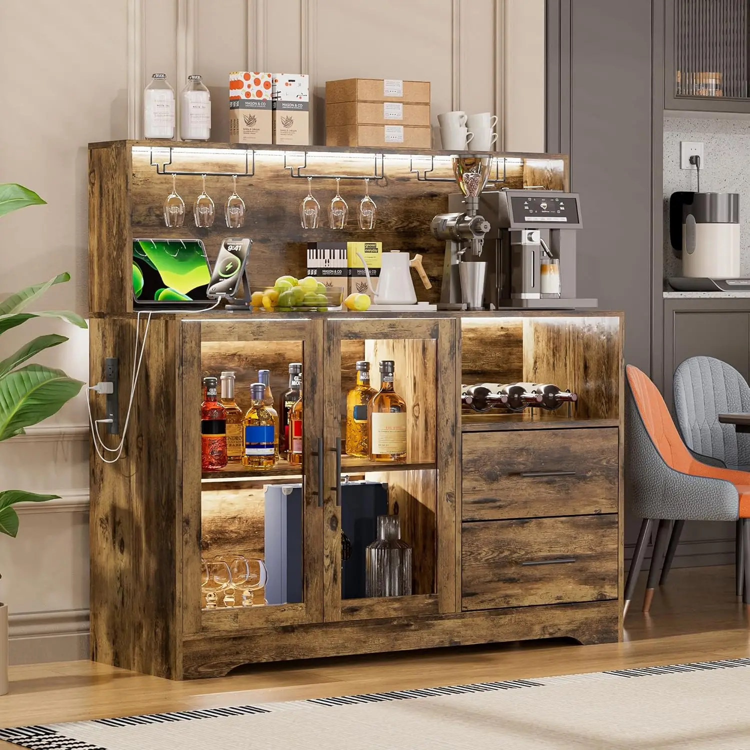 

RGB LED Bar Cabinet Glass Rack Drawer Storage Charging Station Coffee Cabinet Living Dining Room Rustic Customized