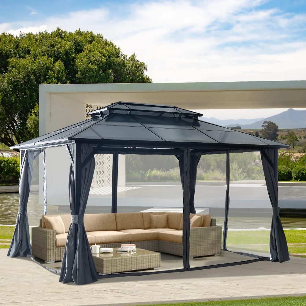 

Hardtop Gazebo Polycarbonate Double Roof Canopy Permanent Pavilion With Curtains And Netting For Garden, Patio, Lawns 10'x13'