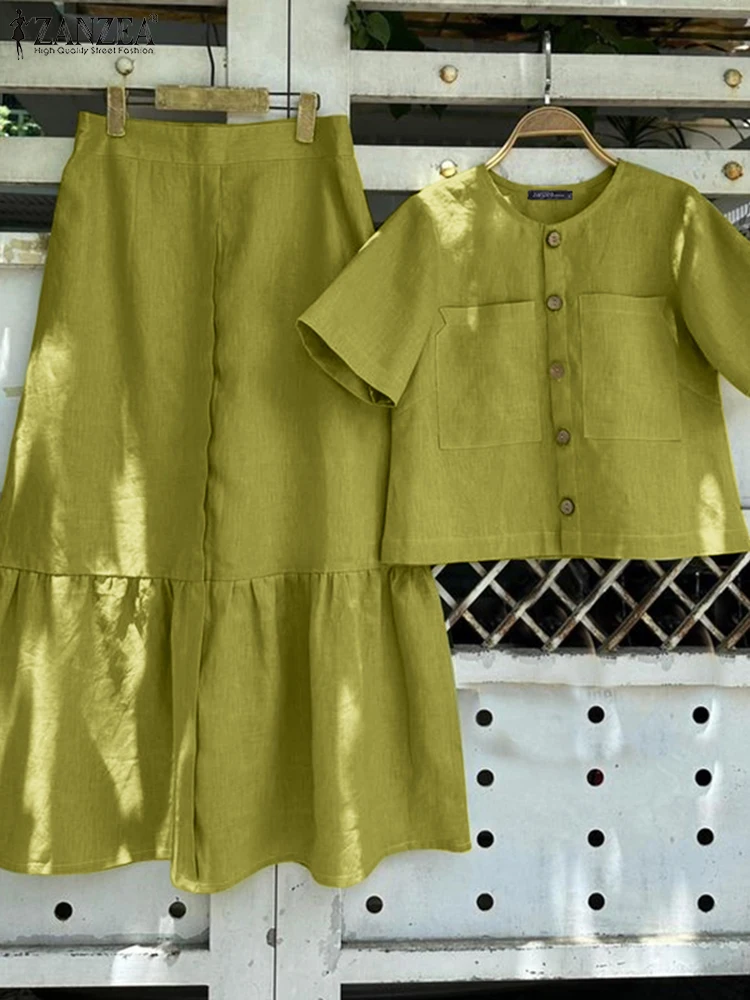 

ZANZEA Fashion Short Sleeve Shirt Outfits Women Vintage 2PCS Dress Sets Casual Loose Patchwork Skirt Suit Holiday Matching Sets