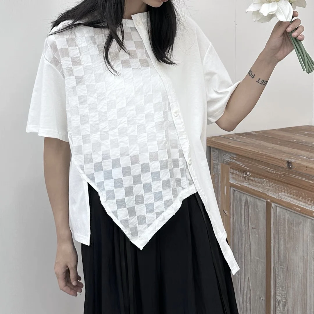 

Loose Short Sleeve T-Shirt Mountain Dark Summer Asymmetrical Splicing AB Face Small Audience Design Thin Half Sleeve