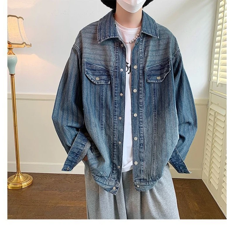 

Versatile Fashion Autumn Winter Men's Solid Color Casual Loose Pockets Denim Jacket Vintage Coat Cool Boys Striped