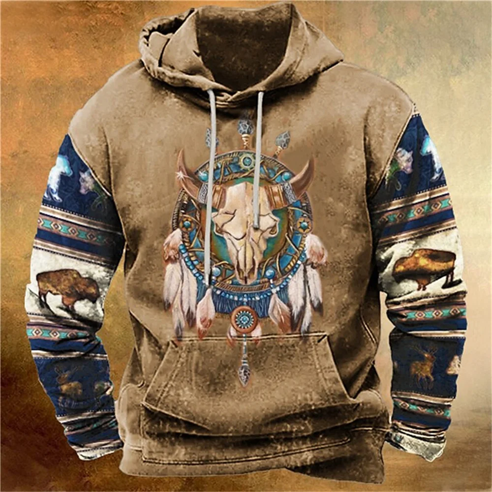 Men's Hoodie Western Cowboy Hooded Sweatshirt North America Demon Wendigo Printed Oversized Harajuku Clothes Vintage Streetwear