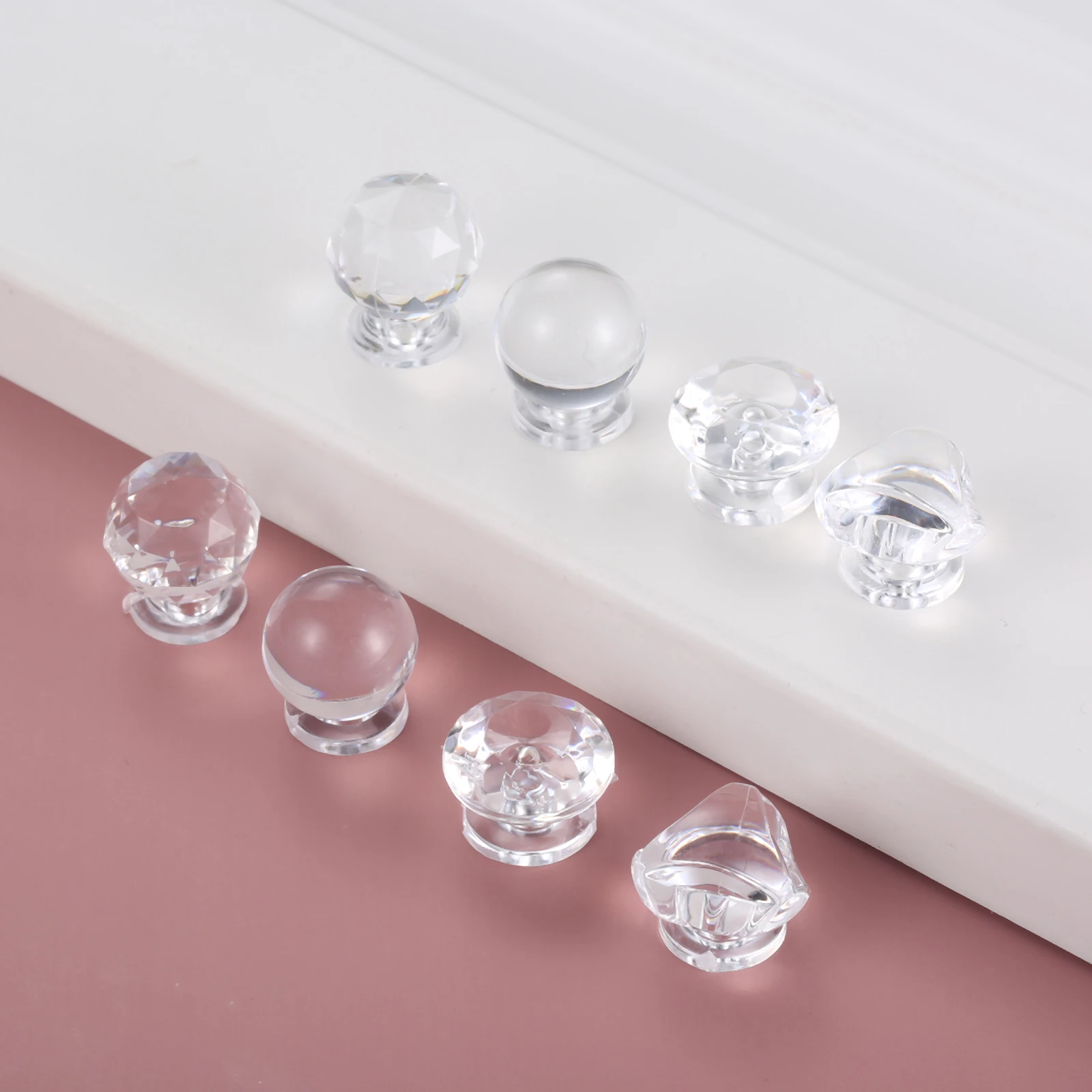 20pcs Clear Acrylic Handle Knob + Transparent Crystal Plastic Pull Triangular/Diamond/Spherical Decor Chest Dresser Box Drawer