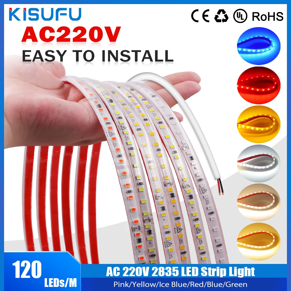 

220V 2835 LED Strip Light Waterproof IP65 120LEDs/m with EU Plug/2Pin Wire Flexible High Brightness Diode Tape Adhesive 1/20M