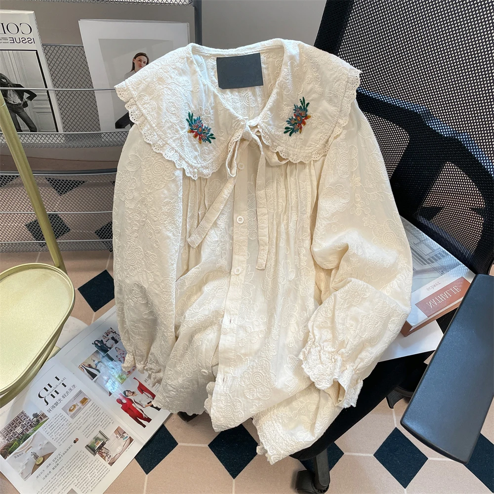 

Ретро цветочная вышивка irt с галстуком-кукольным воротником Long Sve Youth Faion Осенний сезон Ele Внутренняя одежда для мужчин и женщин