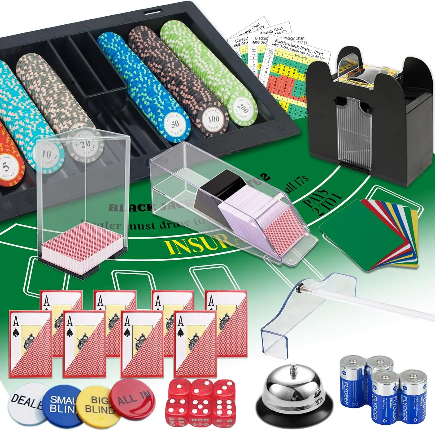 Casino Game Set: 6 Deck Shuffler+300pc Hi-End Chips+8 Pro Plastic Poker Card+Card Shoe+Chip Rake+Felt+Accessories, Blackjack Set