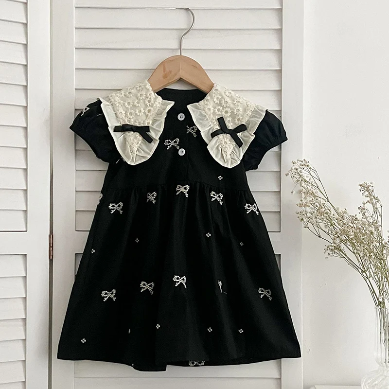 Summer Korean Baby Girl Dress 1-6Yrs Girls Green Dress Embroidery Version Children\'s Fresh Cute Princess Dress Stylish Bow Dress