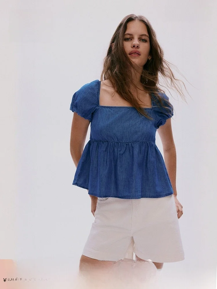 

Faionable Women's irt Spring 2026 H&M Bubble Sve Ba-Tied Retro Sle Cotton ort Sve Square Collar Top