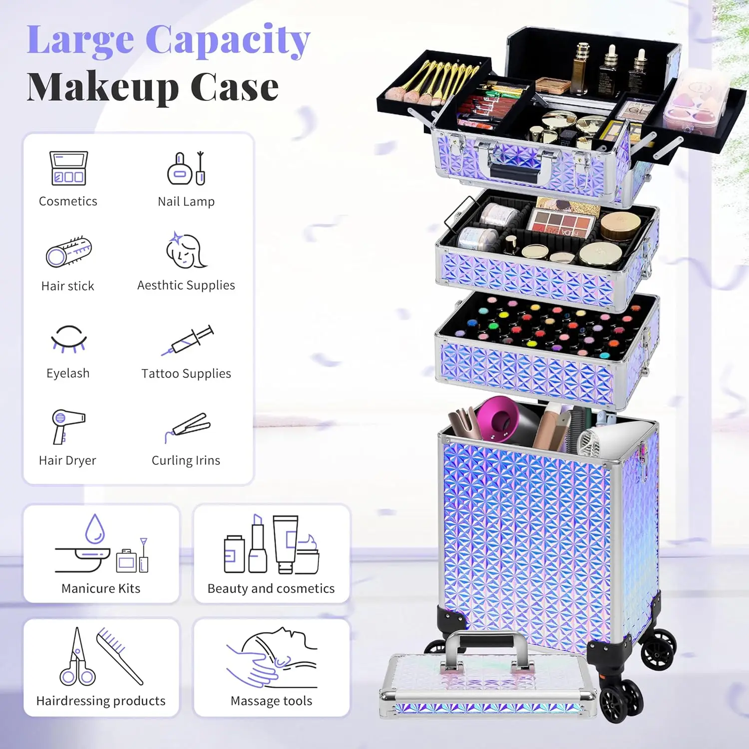 5 in 1 Rolling Makeup Train Case Cosmetology Case on Wheels Large Cosmetic Organizer Travel Cart for Nail Beauty Salon Barber