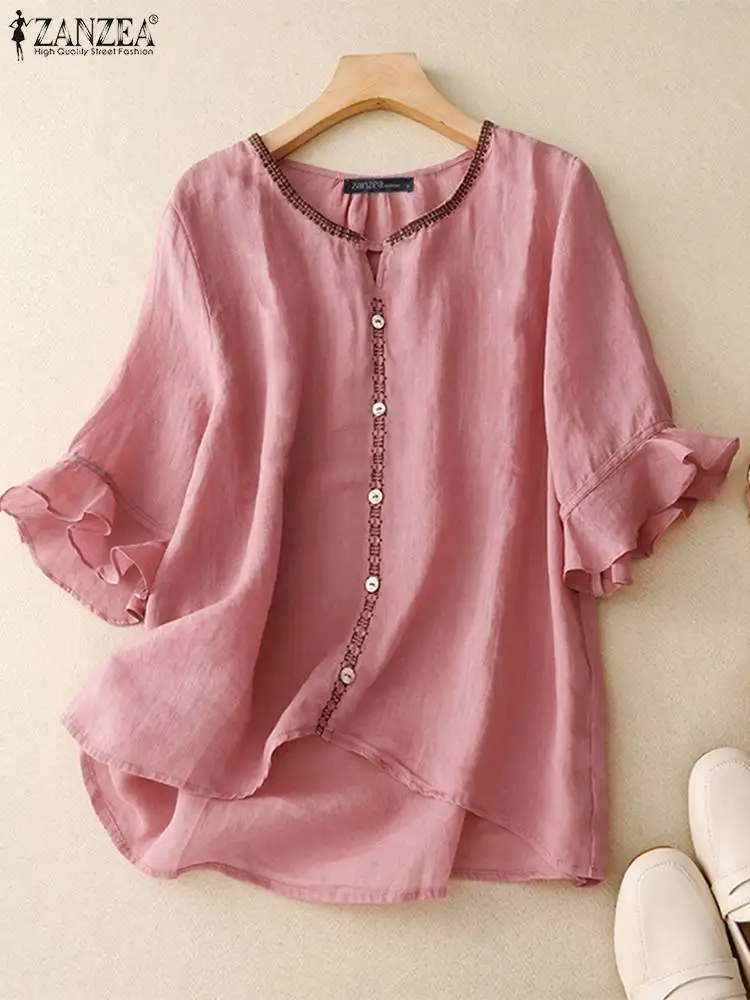 

ZANZEA Women Lace Patchwork Blouse Korean Flare 3/4 Sleeve Tunic Elegant Round Neck Shirt Casual Loose Tops Vintage Loose Blusas