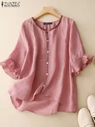 ZANZEA Women Lace Patchwork Blouse Korean Flare 3/4 Sleeve Tunic Elegant Round Neck Shirt Casual Loose Tops Vintage Loose Blusas