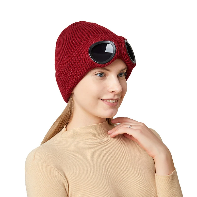 Heißer Verkauf Unisex Männer Frauen Gestrickte Hut Mit Brille Winddicht Winter Wärmer Ski Mützen Weiche Warme Anti-slip Gehörschutz