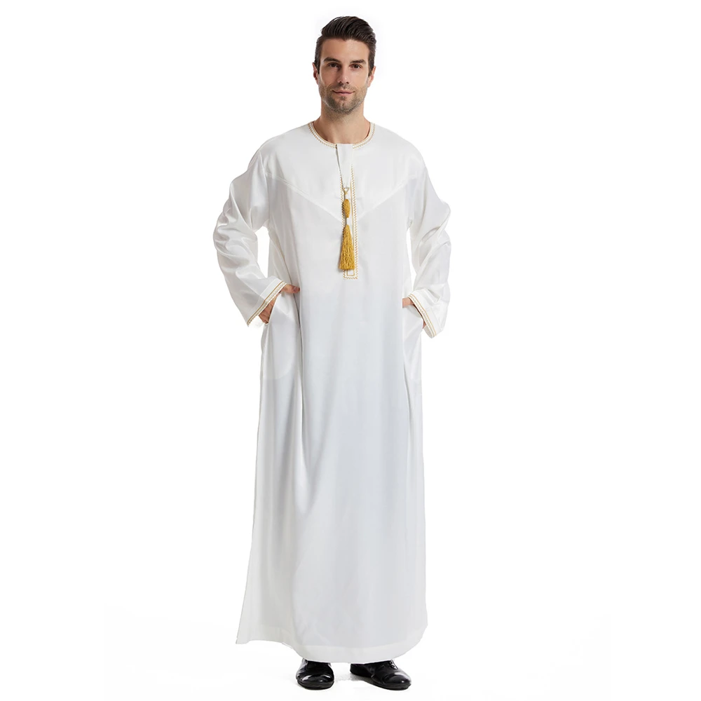 Bata de Ramadán Eid para hombre, Túnica árabe musulmana, Thobe Jubba, mangas largas, borla, ropa islámica, caftán, Thawb, Abaya Maxi de Dubai, Abayas