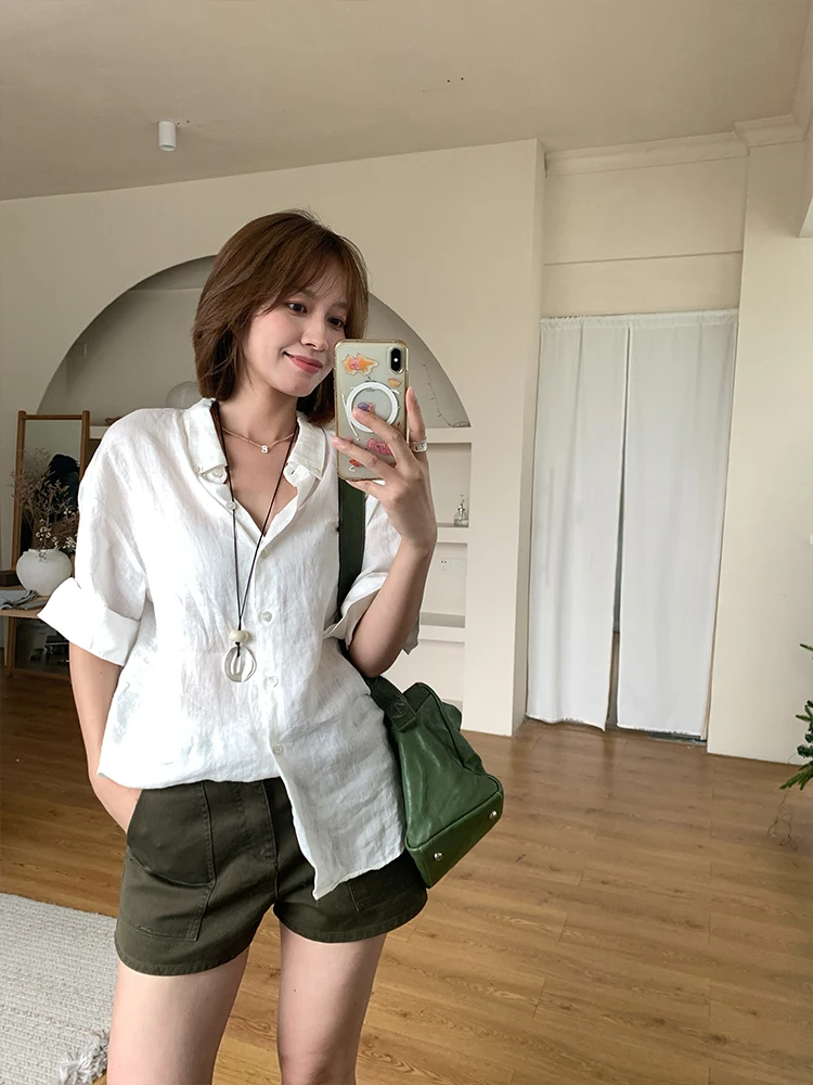 

BreezeMood Casual Loose Fit Linen irt ort Sve Thin Summer Top Simple Sle Collar Skin Friendly Breathable