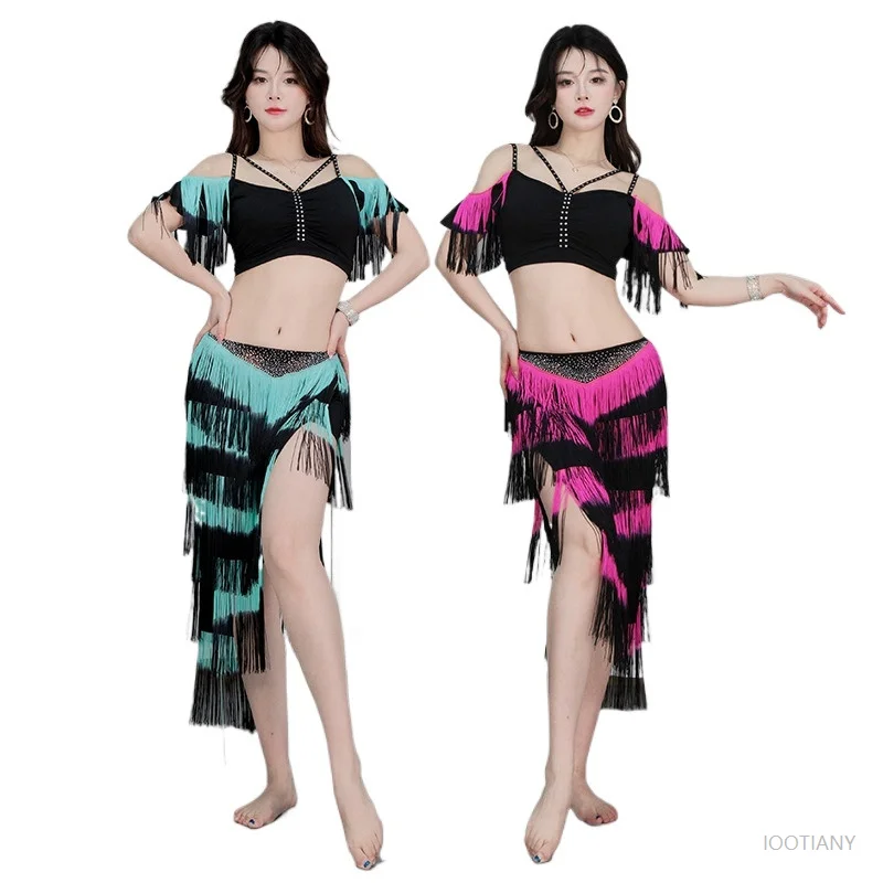 東洋ベリーダンス グラデーションコスチューム パフォーマンス練習衣装 コスプレ 女性 大人用ダンス ホルタートップ タッセル付き スパンコールスカート
