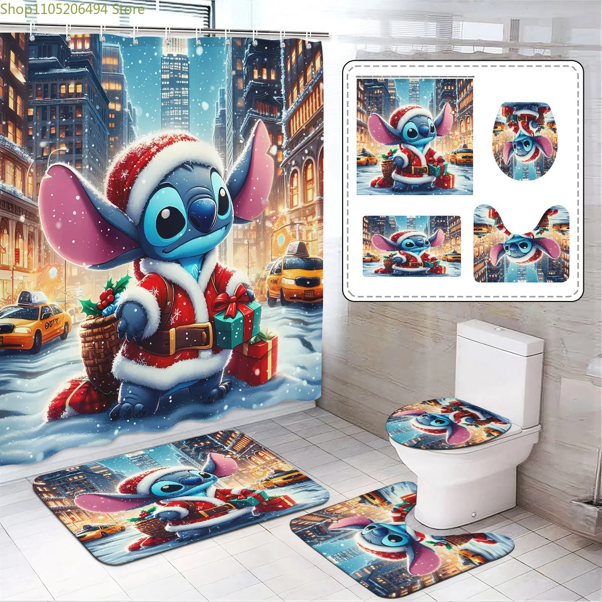 

1/3/4pcs Disney Stitch Christmas Bathroom Set - Official Stitch in Santa Outfit Shower Curtain, Non-Slip Bath Mat & Toilet Cov