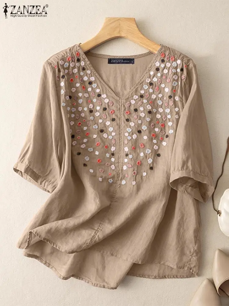 Women Floral Embroidery Tops ZANZEA Summer V Neck Half Sleeve Blouse Vintage Solid Cotton Shirt Casual Loose Holiday Blusa Mujer