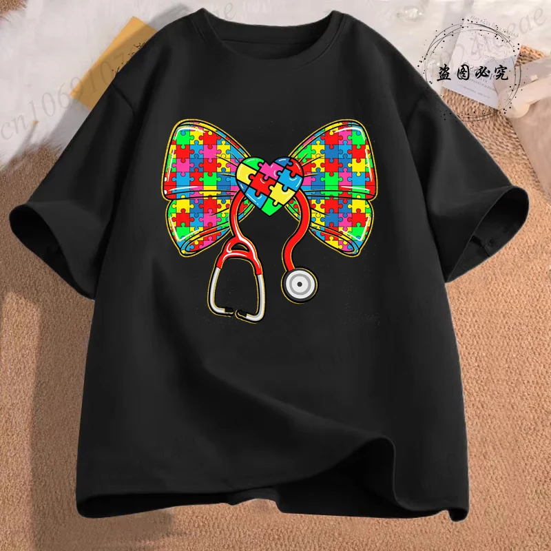 Love Accept Understand Autism Women's T-Shirt Harajuku Streetwear Nurse Autism Stethoscope Graphic Clothing Nurse Women Tops