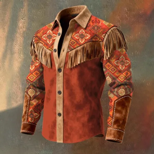 Retro Western Cowboy Tassel Shirt Men's Slim Fit Long Sleeve Jacket American Trendy Print Coat Men's Clothing Fashionable Out...
