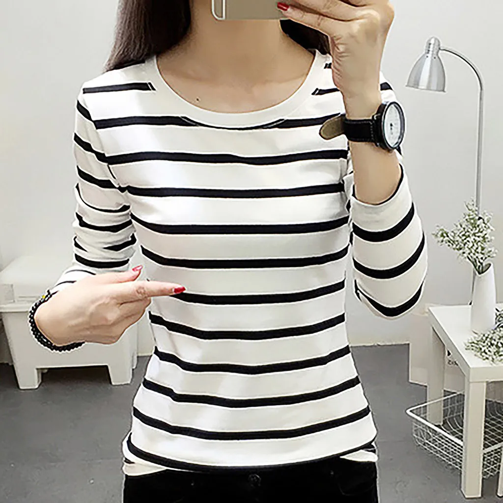 Women Striped T-shirt Long Sleeve Graphic T Shirts Casual Round Neck Print Tees Tops Camisetas De Mujer