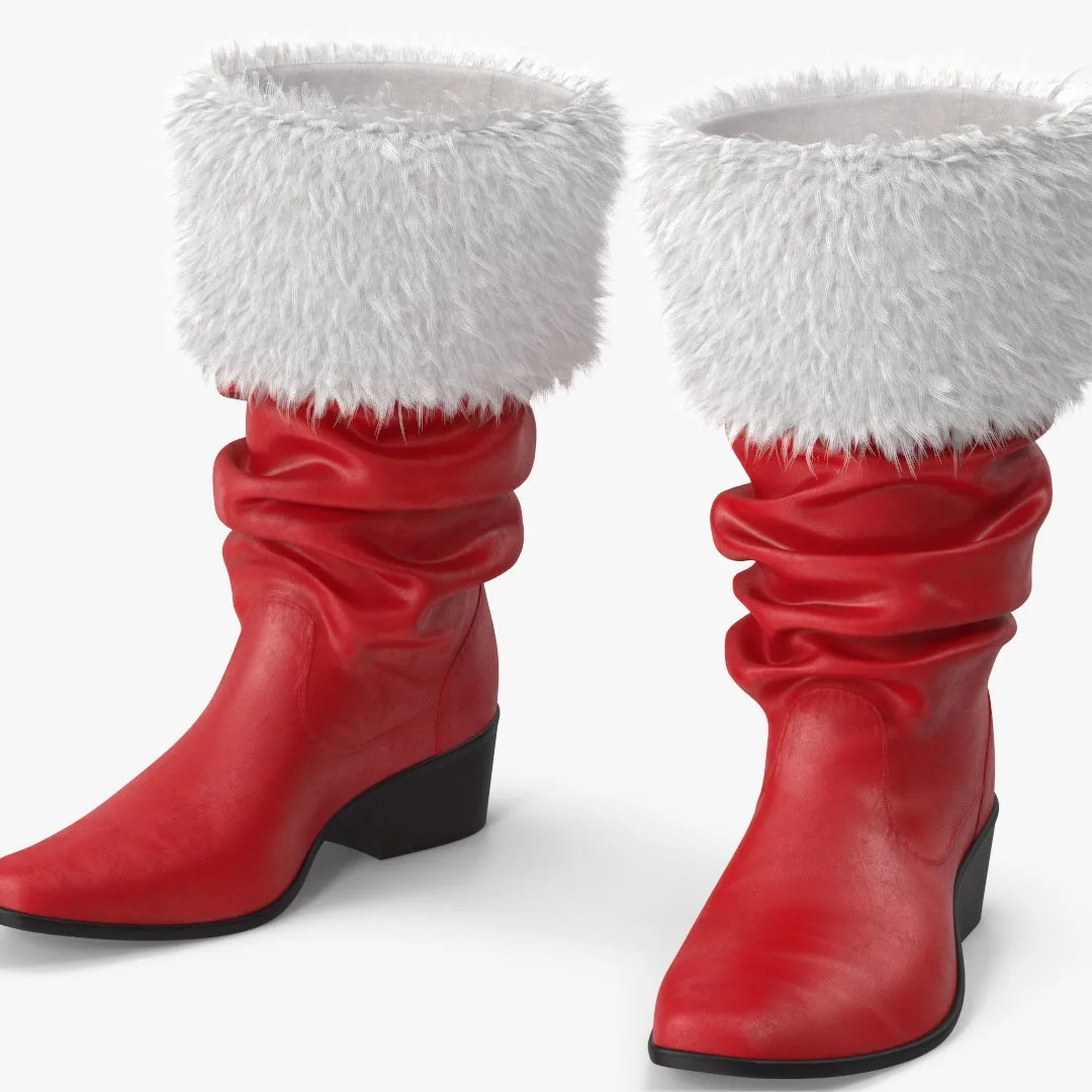 Kerstmanlaarzen Cosplay Zwart lederen schoenen Witte harige schoenmond Geschikt voor mannen en vrouwen Halloween- en kerstschoenen