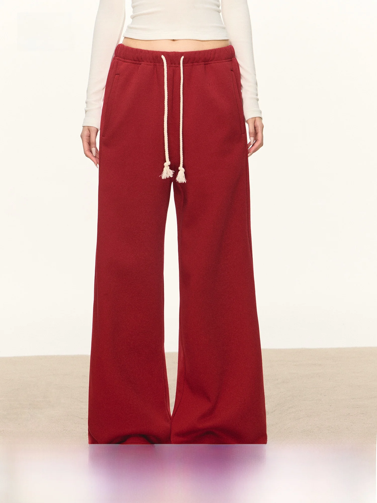 

Red Casual Trousers Women's Loose Straight Leg Drawstring Spring New Style Fashionable Wide Leg Long Pants High Waist