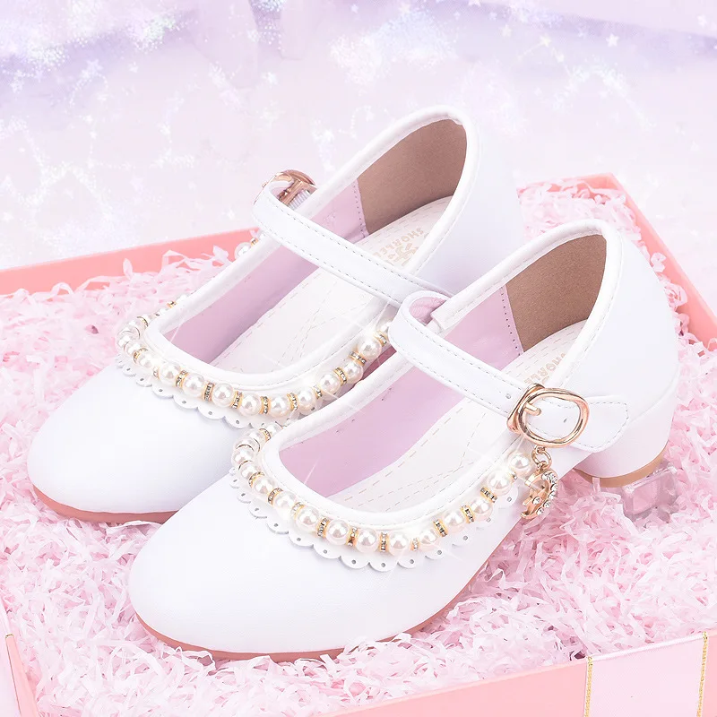 White girls' high-heeled children's leather shoes with beads and rhinestones