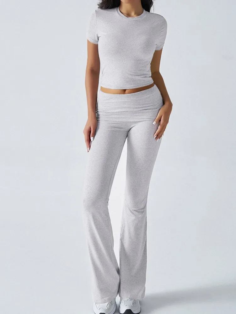 

Casual Solid Slim 2 Piece Sets For Women Fashion Short Sleeve O Neck Tops+Long Pants Set Lady Summer Sports Womens Clothing New