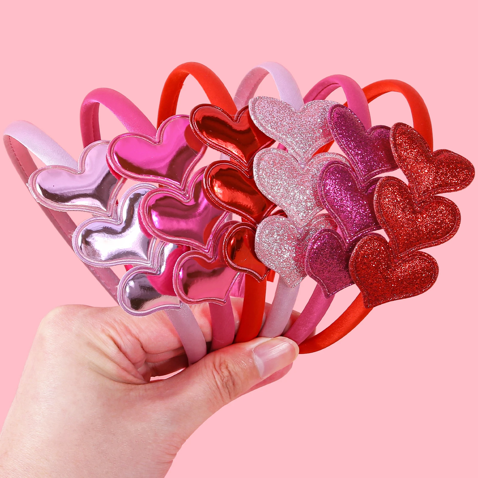 3/6pcs Sweet Gliiter Heart Headbands for Girls PU Heart Hairbands Satin Headband Girls Valentine's Day Party Hair Accessories